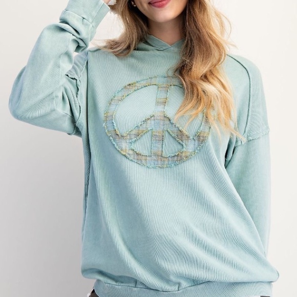 NEW EASEL CLOTHING WASHED TERRY KNIT PULLOVER PEACE HOODIE SEAFOAM SWEATSHIRT - Picture 6 of 10